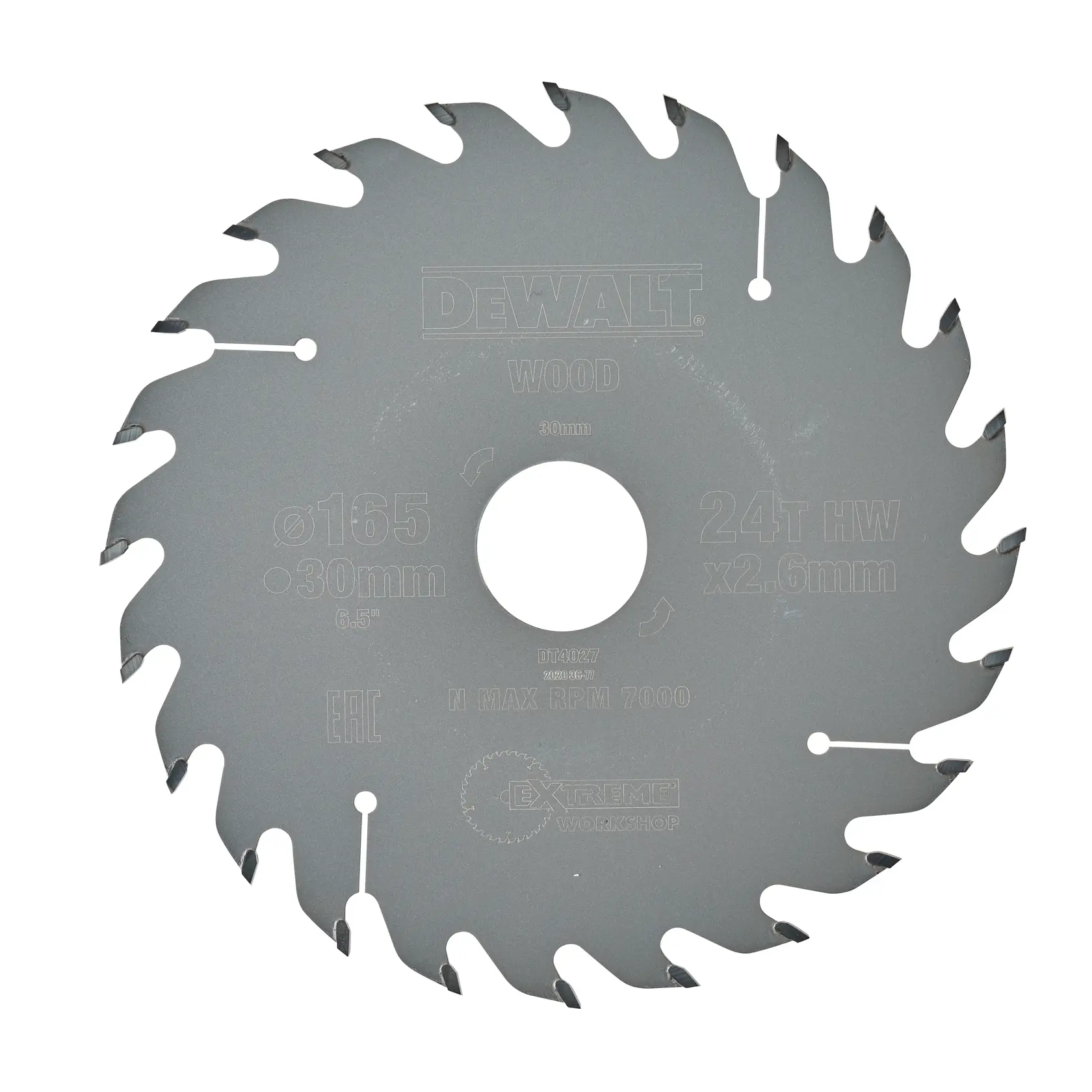 DEWALT DT4027 Kreissägeblatt für Holz, 165 mm Durchmesser, 24 Zähne, 30 mm Aufnahme, silber.