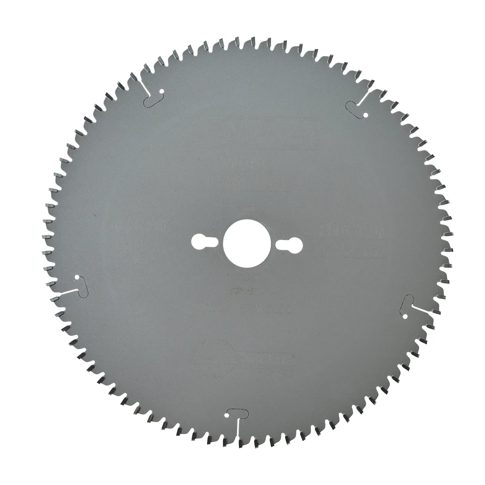 Una hoja de sierra circular grande con múltiples dientes y un agujero central de montaje, diseñada para cortar madera u otros materiales.