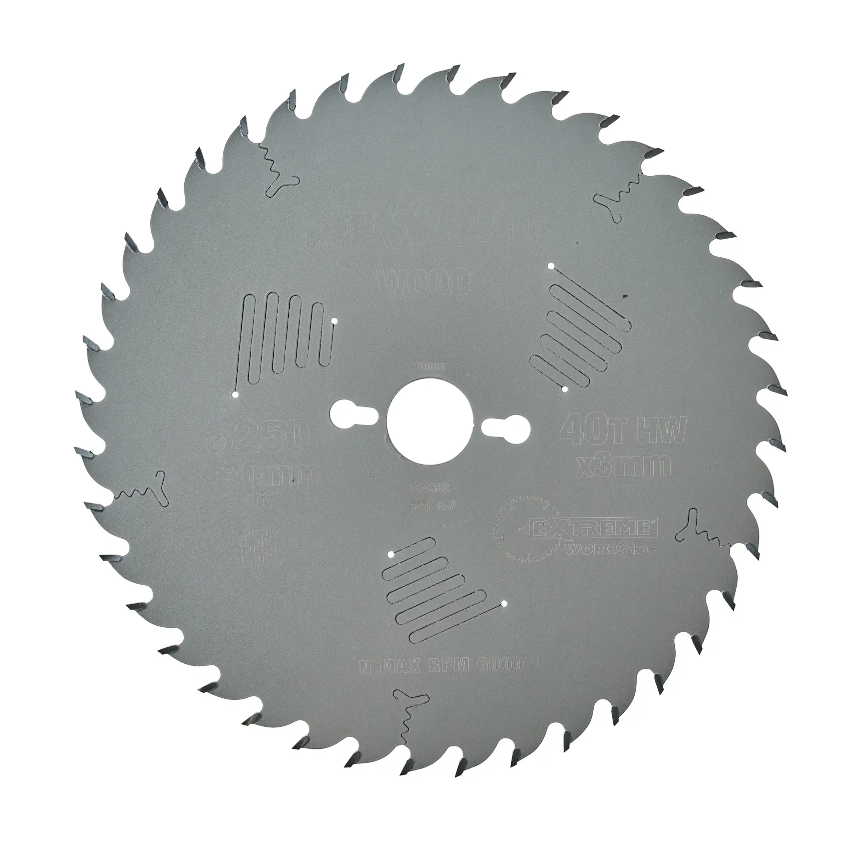Hoja de sierra circular DEWALT DT4322 para madera, 40 dientes, diámetro 250mm, agujero 30mm.
