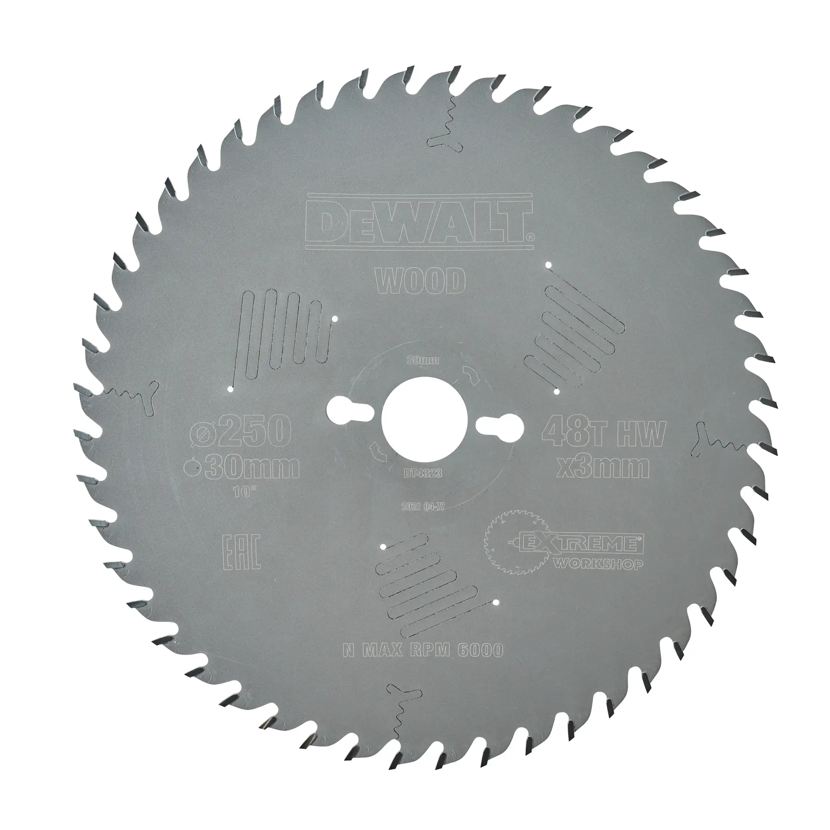 DEWALT DT4323 Kreissägeblatt für Holz, 250 mm Durchmesser, 30 mm Bohrung, 48 Zähne, geeignet für Holzbearbeitung.