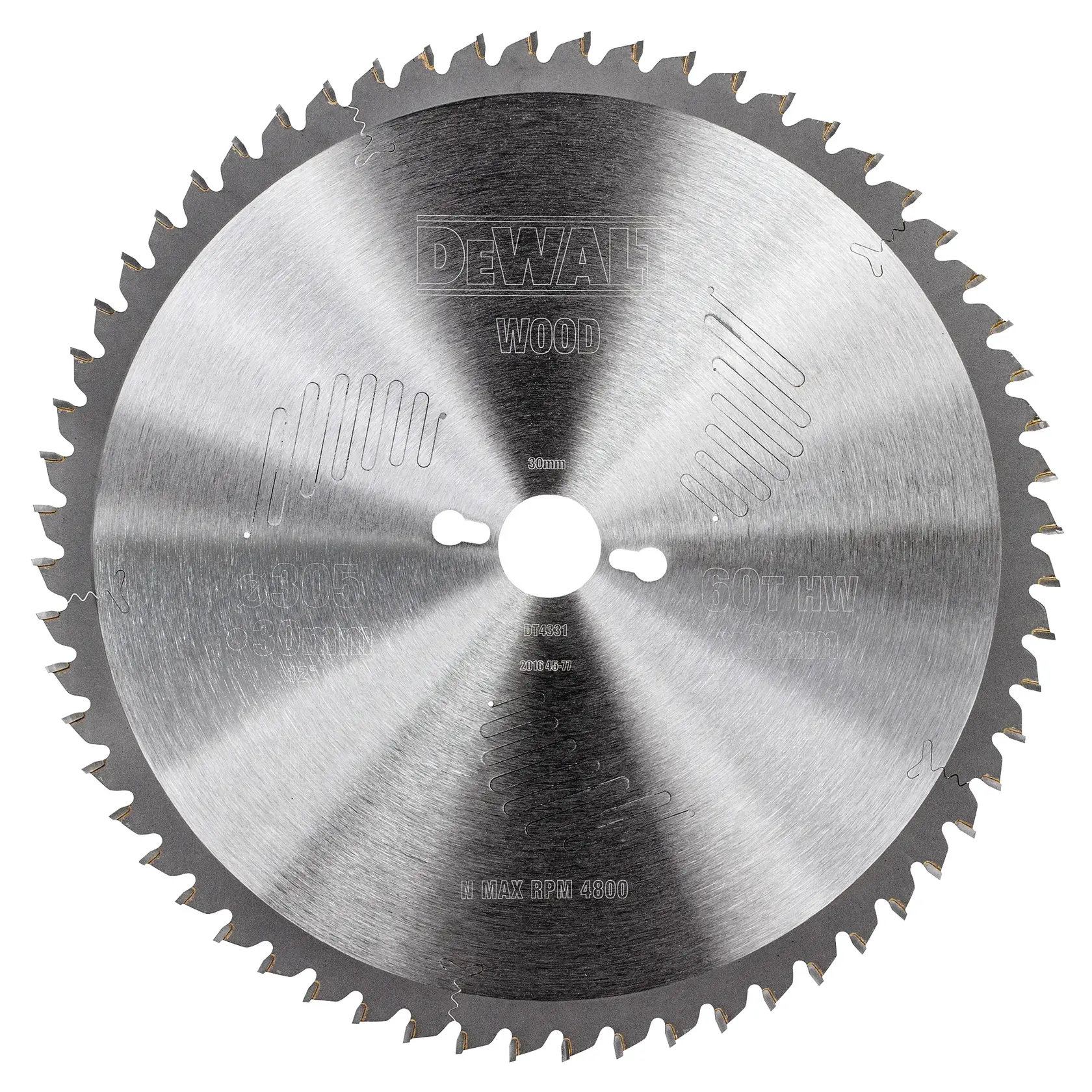 DEWALT DT4331 Kreissägeblatt für Holz, Metall-Finish, 60 Zähne, mit zentraler Bohrung und lasergefertigten Expansionsschlitzen.