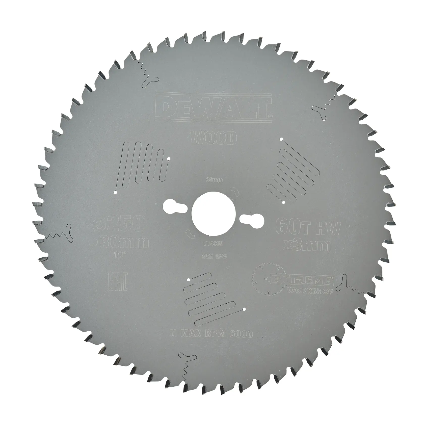 Kreissägeblatt zum Holzschneiden, Marke DEWALT, Modell DT4352, Durchmesser 250mm mit 60 Zähnen und 30mm Mittelbohrung.