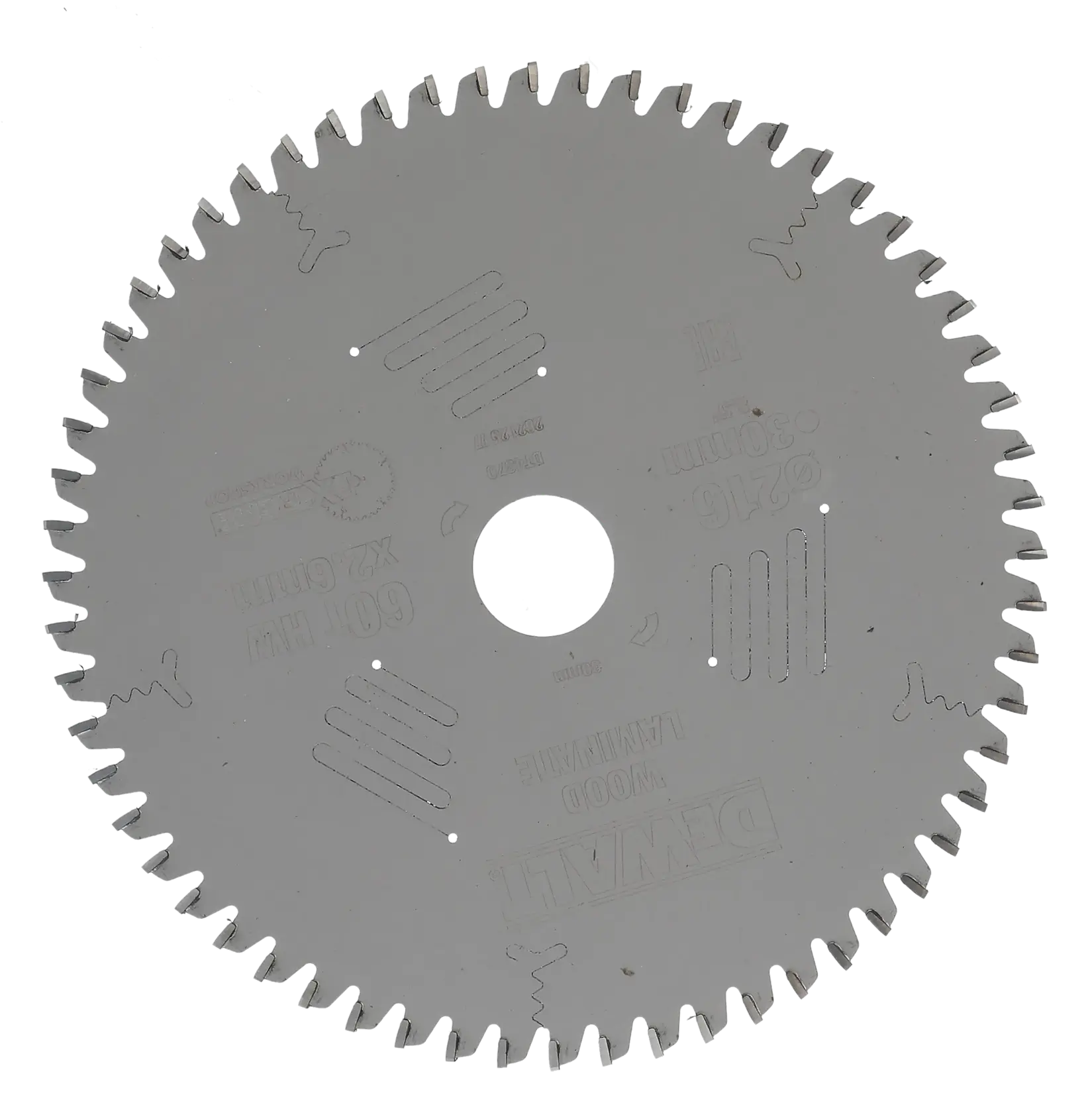 Ein Kreissägeblatt für Holz mit mehreren scharfen Zähnen und einem zentralen Loch, hergestellt von DEWALT.