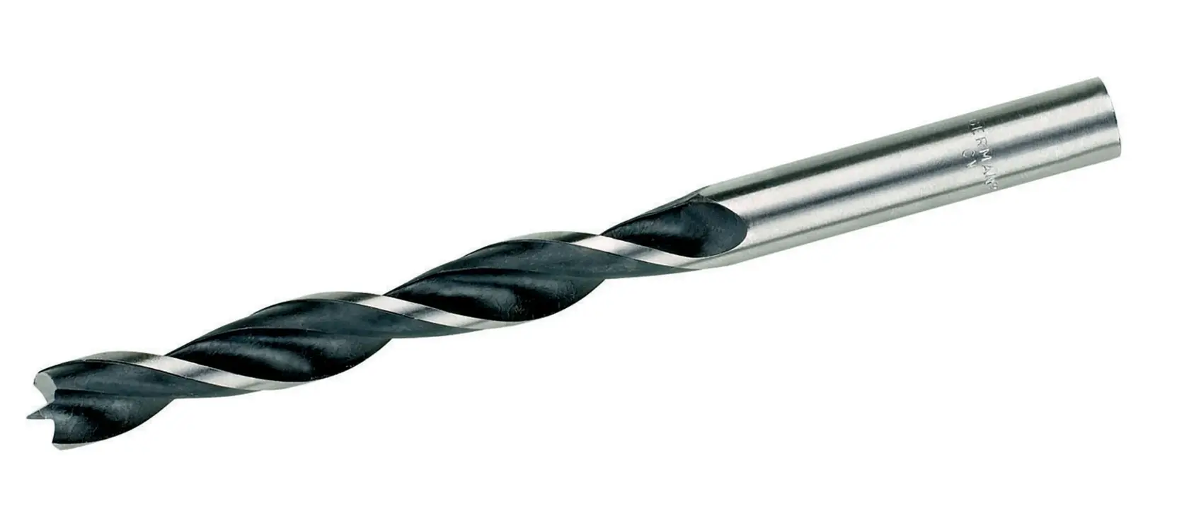 Ein Metallspiralbohrer mit zylindrischem Schaft und spiralförmigen Nuten, abgebildet vor weißem Hintergrund.
