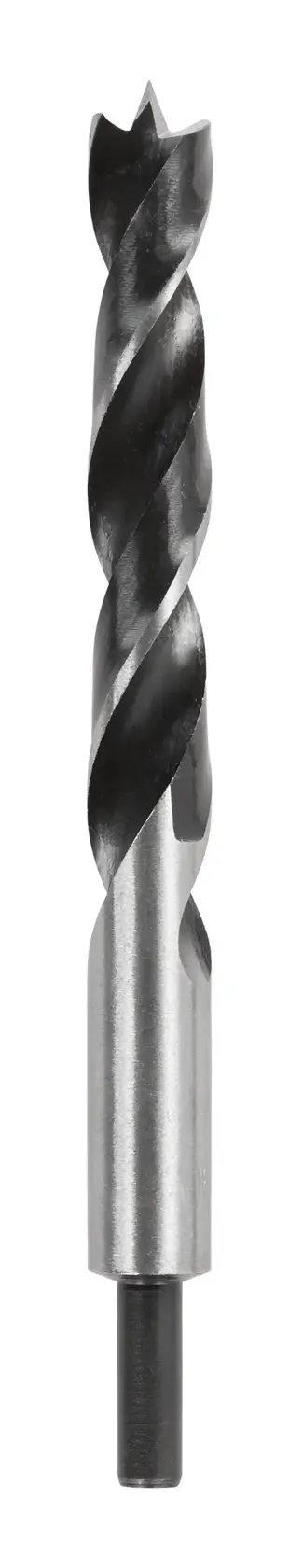 Ein einzelner DEWALT-Holzbohrer mit Zentrierspitze und spiralförmigen Nuten vor weißem Hintergrund.