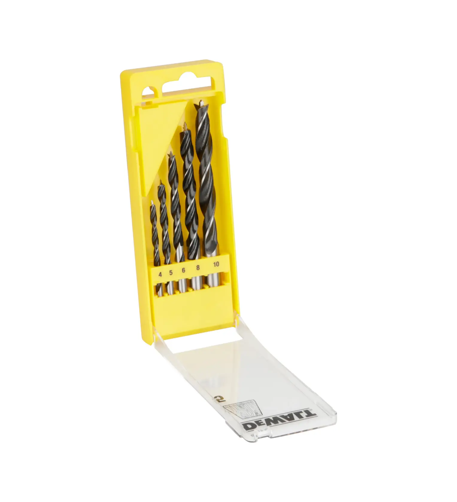 DEWALT Bohrer-Set in gelber Box mit fünf verschiedenen Größen und geöffnetem Klappdeckel.