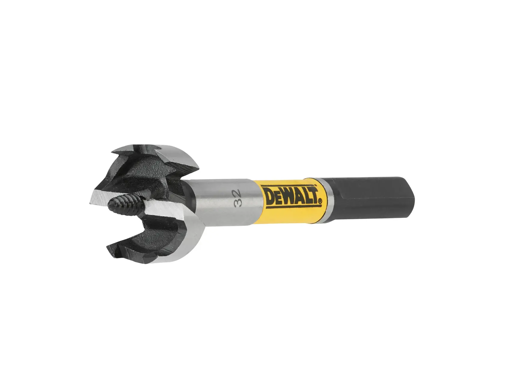 Ein DEWALT Holzbohrer mit Sechskantschaft und Schneidkanten, entwickelt zum Bohren von Löchern in Holz.