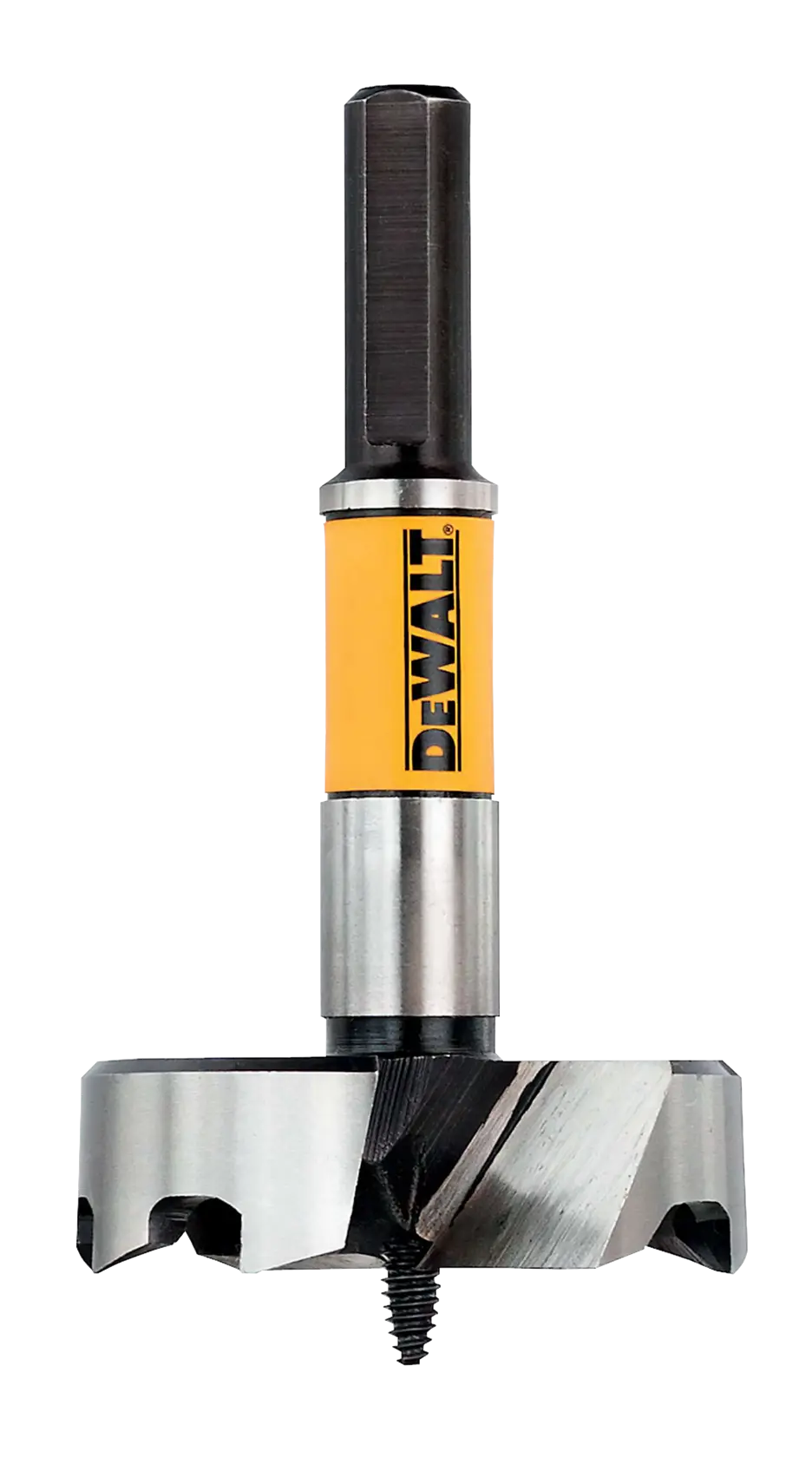 DEWALT DT4586 Holzbohrer mit gelbem Etikett und scharfen Schneidkanten auf weißem Hintergrund.