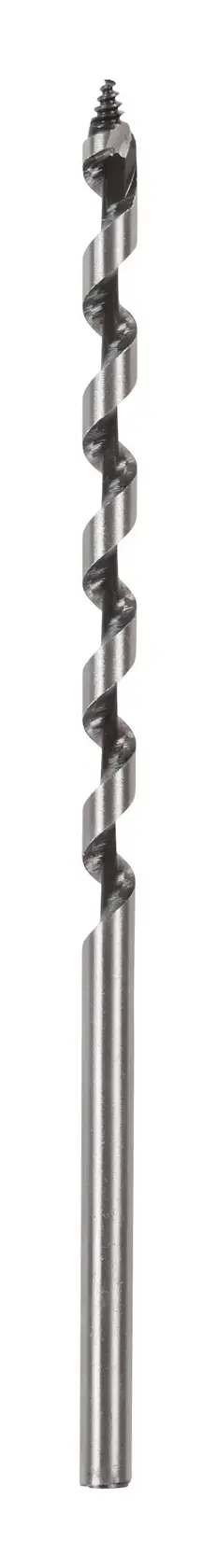 Ein Metall-Schlangenbohrer für Holzarbeiten, auf weißem Hintergrund stehend.