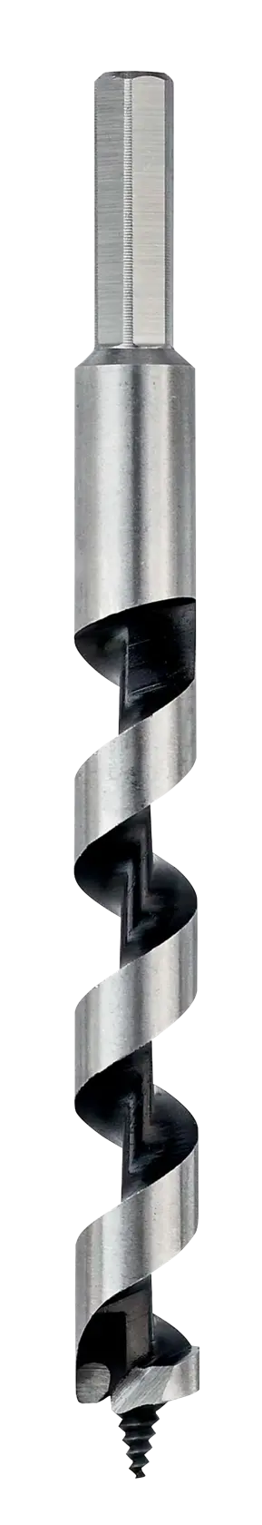 Metall-Schneckenbohrer mit Sechskantschaft, stehend auf weißem Hintergrund.