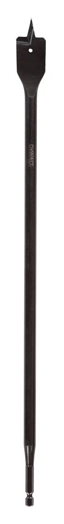 DEWALT flat spade drill bit with center point for wood drilling, long shaft, shown on white background.