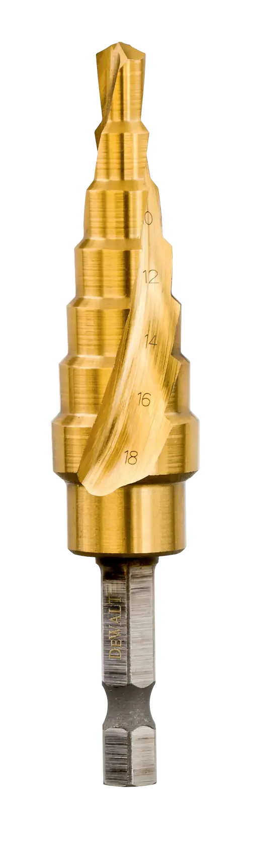 Goldener DEWALT Stufenbohrer für Metall, mit Größenmarkierung, abgebildet auf weißem Hintergrund.