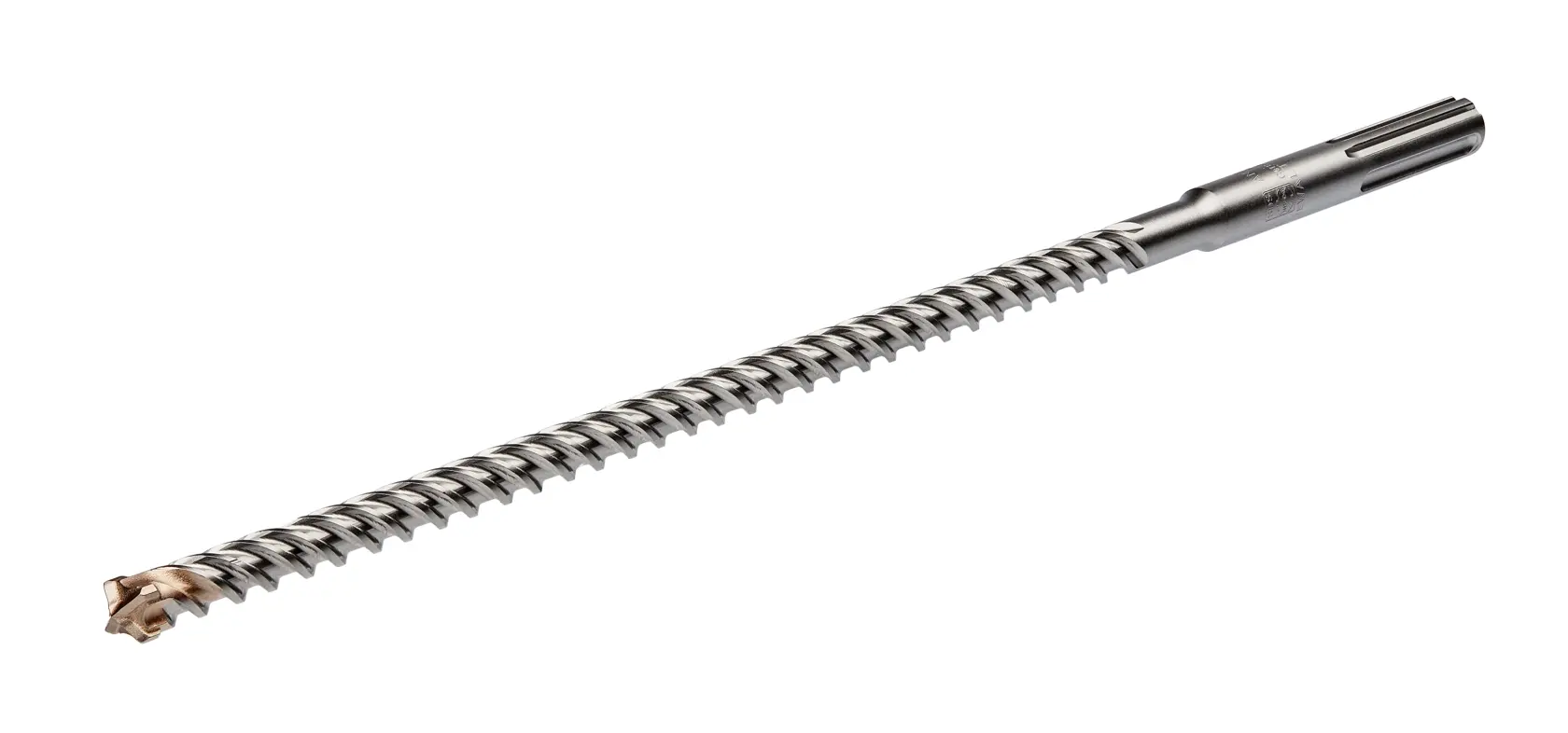 Langes, spiralförmiges DEWALT-Bohrer mit Hartmetallspitze auf weißem Hintergrund.