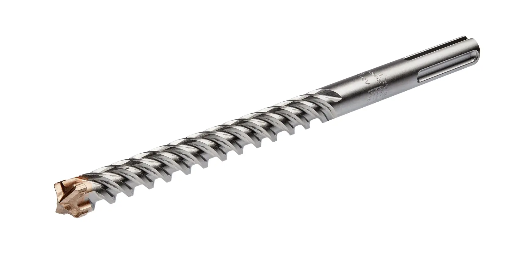 Broca SDS DEWALT con diseño en espiral, mostrada verticalmente sobre fondo blanco.