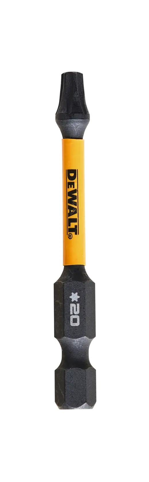 DEWALT DT70533T screwdriver bit, yellow and black, marked T20, used for fastening screws.