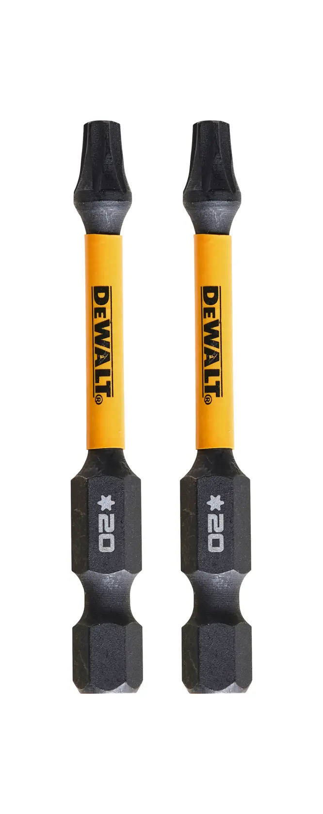 Two DEWALT star drive bits, yellow and black, size 20, shown side by side on a white background.