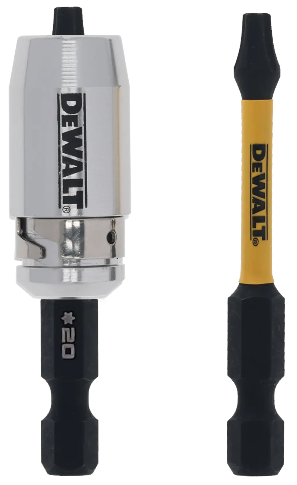 DEWALT bit holder and screwdriver bit, both with hex shank, silver and yellow-black color.