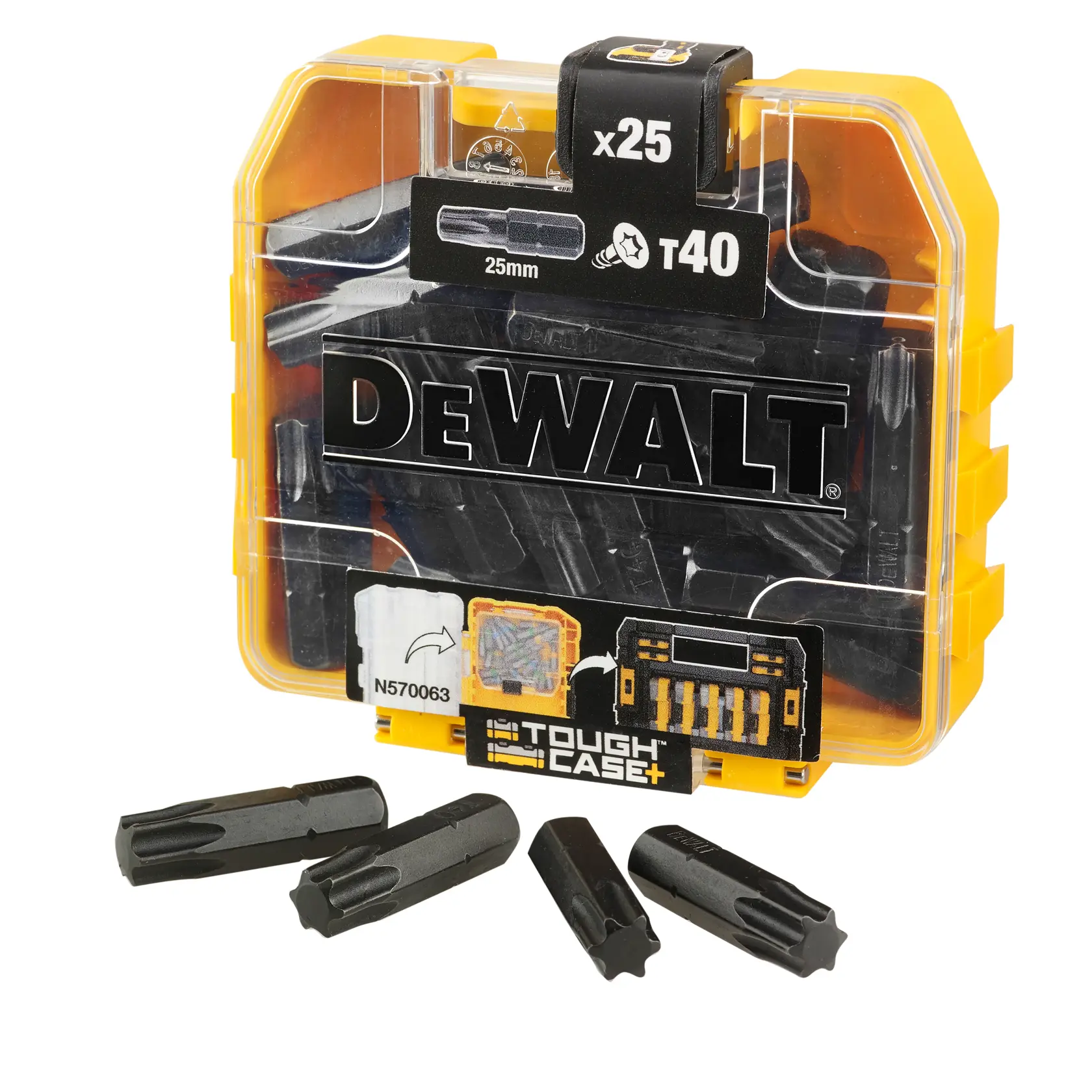DEWALT DT70559T, 25 T40 Schrauberbits, 25mm, in Tough Case, vier Bits vorne liegend.