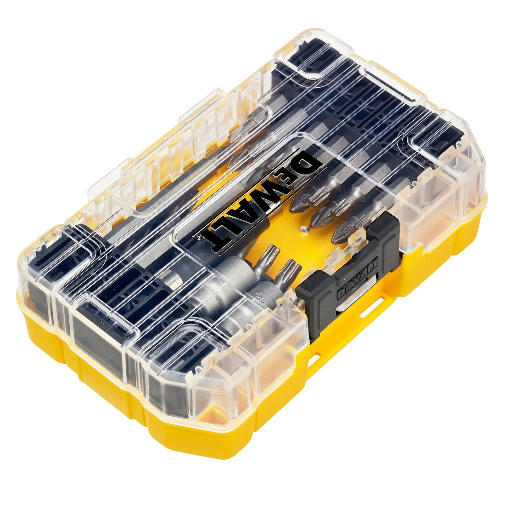 DEWALT DT70702 Bit-Set in gelbem und transparentem Koffer mit verschiedenen Schraubendreherbits.