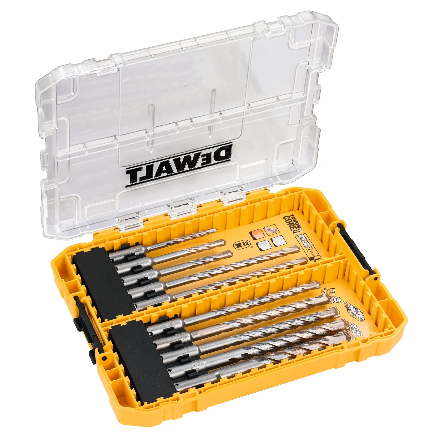 Gelbes DEWALT-Bohrerset in transparenter Box mit mehreren Metallbohrern für verschiedene Aufgaben.