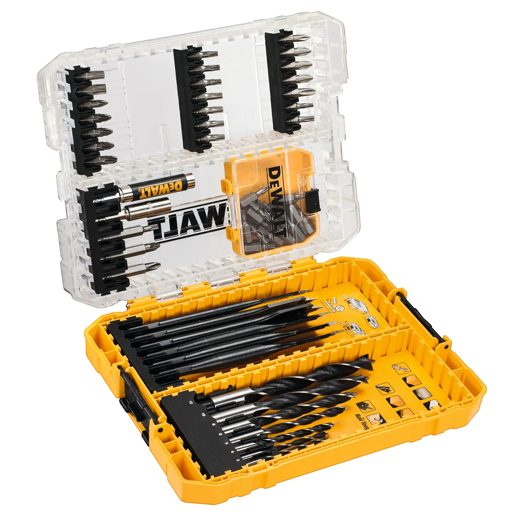 Grafik mit DEWALT XTREME Sub-Compact Series Branding und dem Slogan 'Kompakt und leistungsstark' auf gelbem Hintergrund.