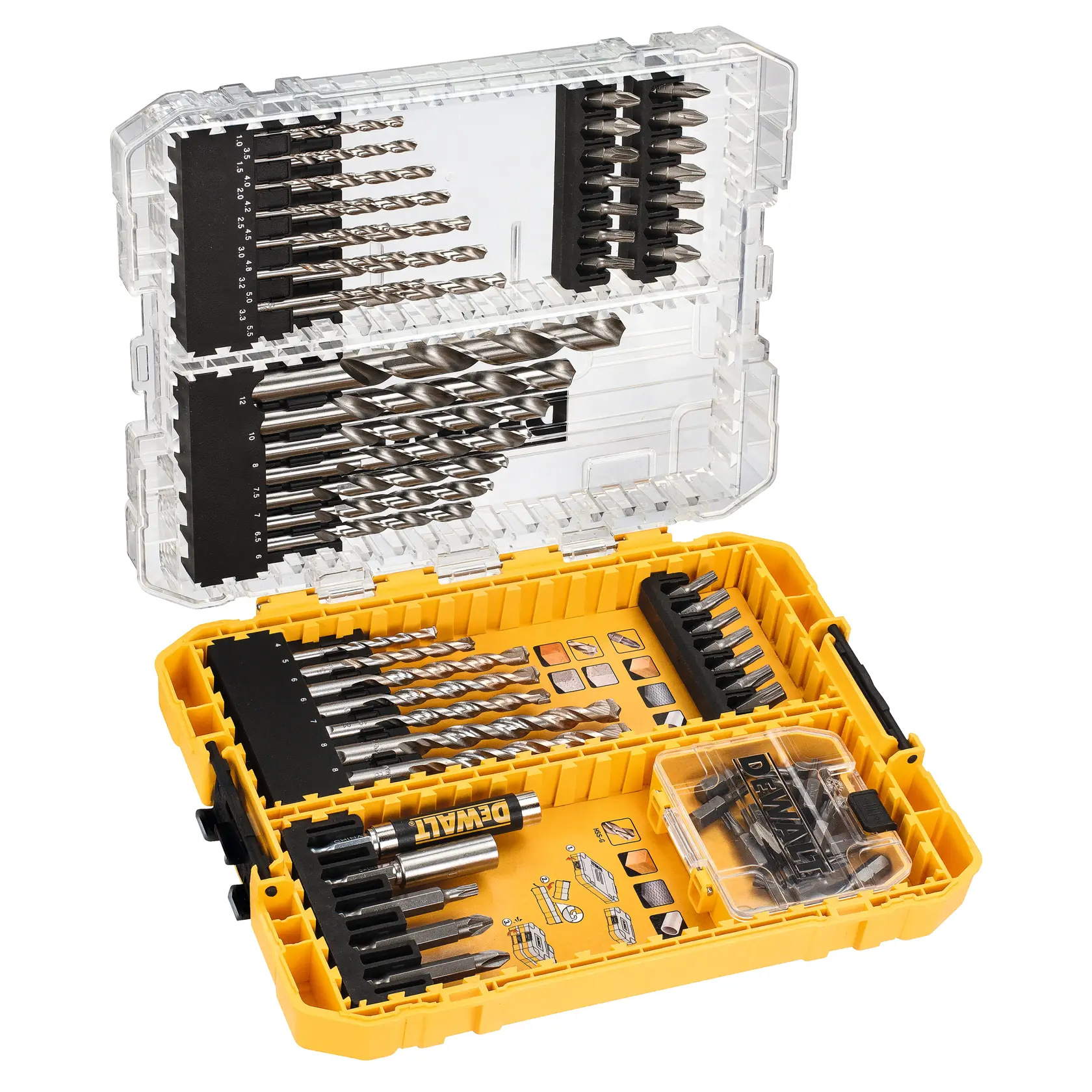 DEWALT DT70761 Set mit verschiedenen Bohrern und Bits in gelbem Kunststoffkasten.