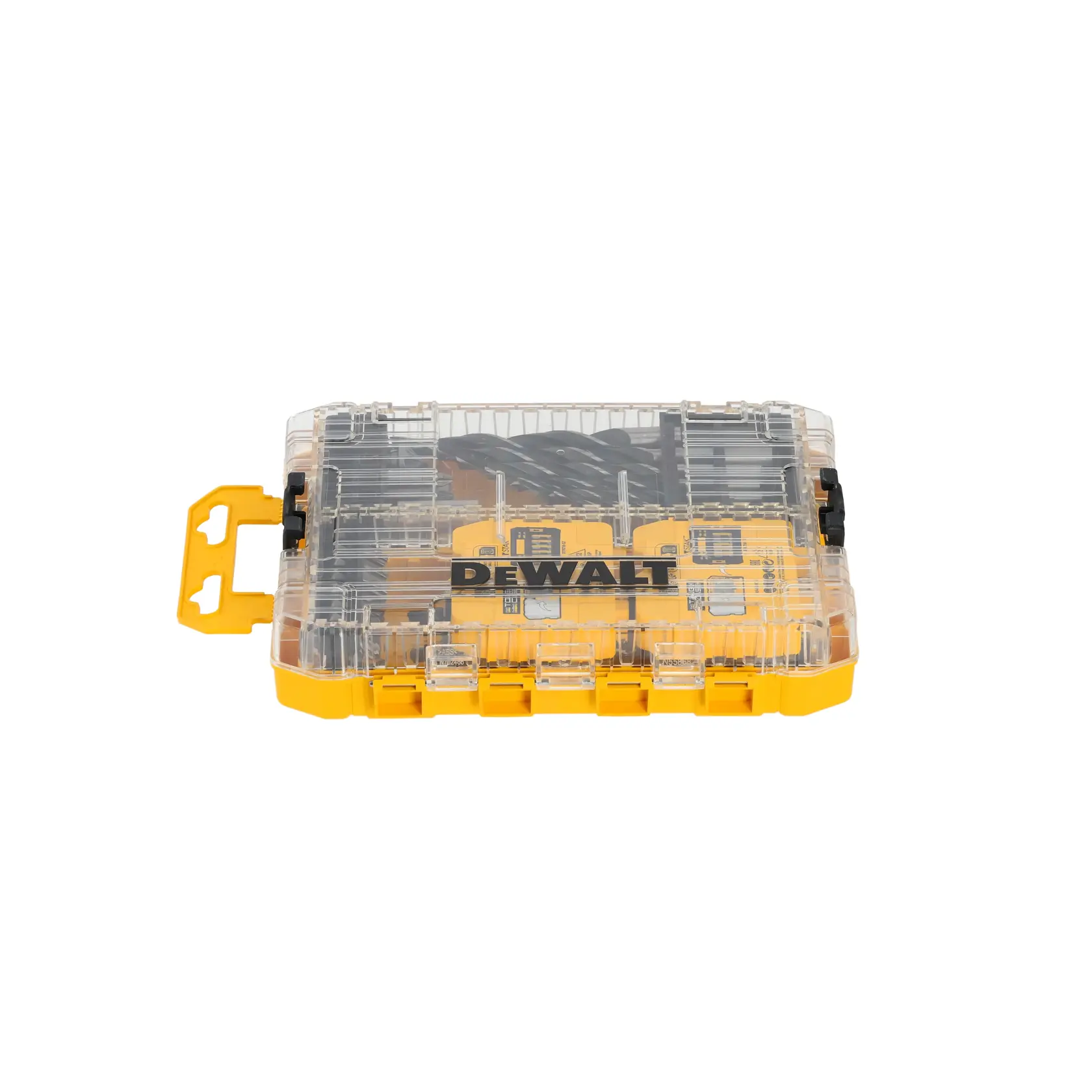 DEWALT DT70785 Bohrerset in gelbem Klarsichtkasten, geschlossen auf weißem Hintergrund.