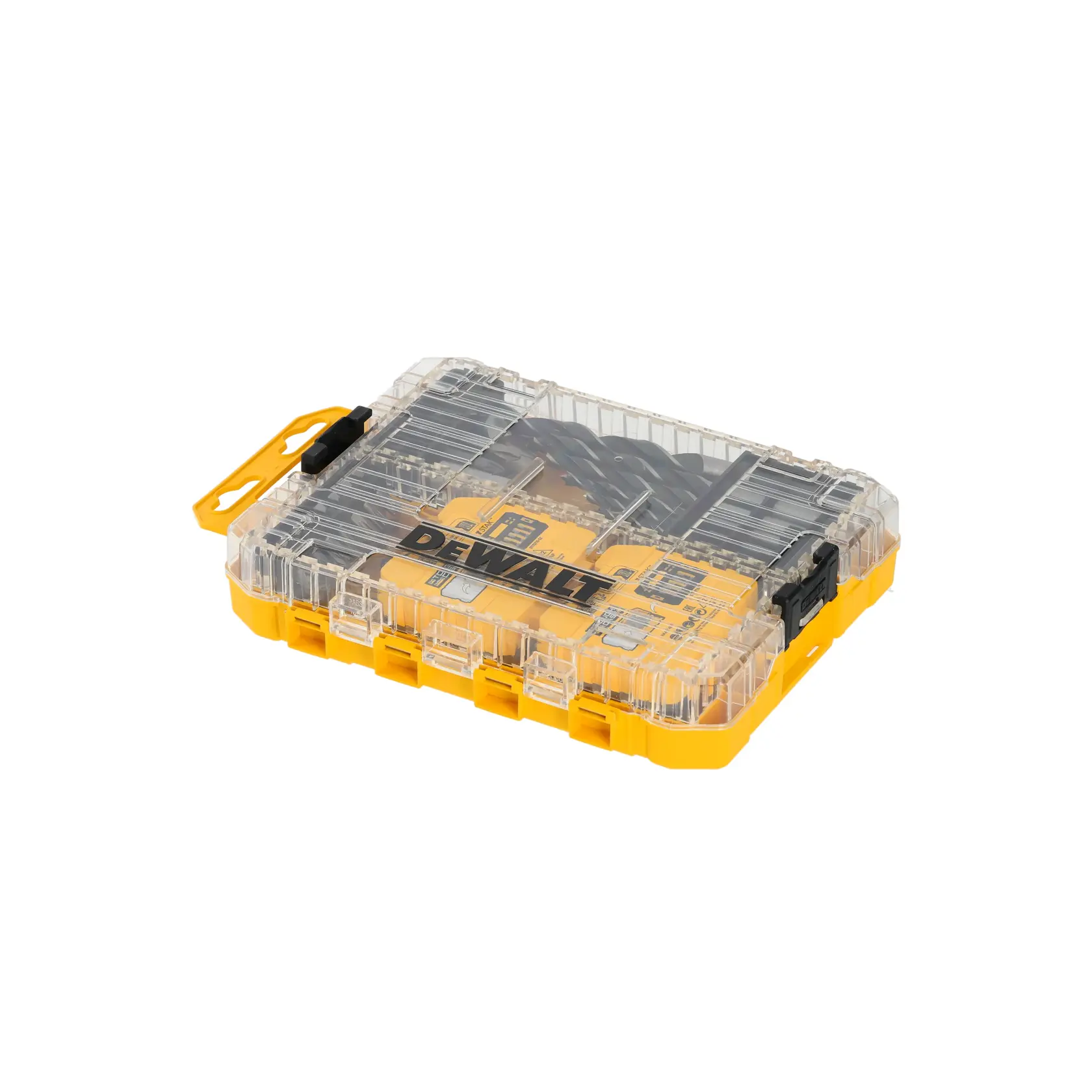 DEWALT DT70785 gelbe und transparente Kunststoffbox für Werkzeugzubehör, geschlossen und tragbar.