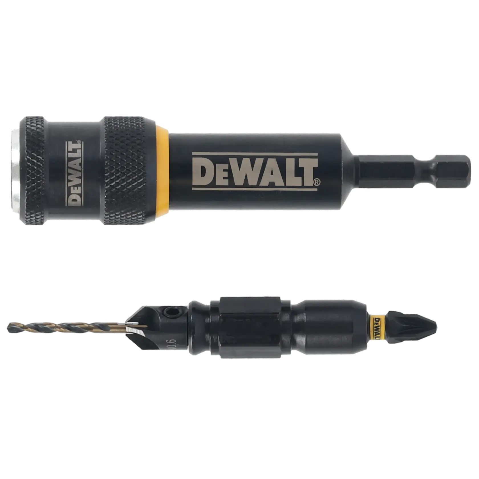 DEWALT DT70786 Bohr- und Schraubzubehörset, zwei schwarze Teile mit Logo und Bits.