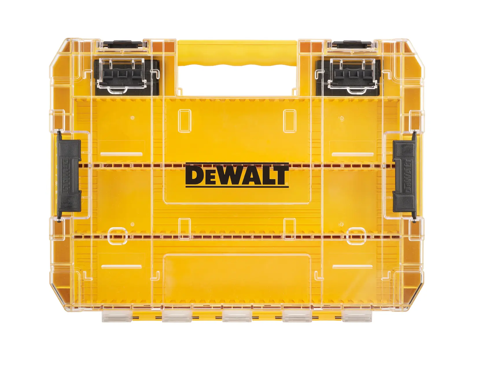 Gelber DEWALT Kunststoff-Werkzeugkoffer mit Klarsichtdeckel und schwarzen Verschlüssen, Vorderansicht.