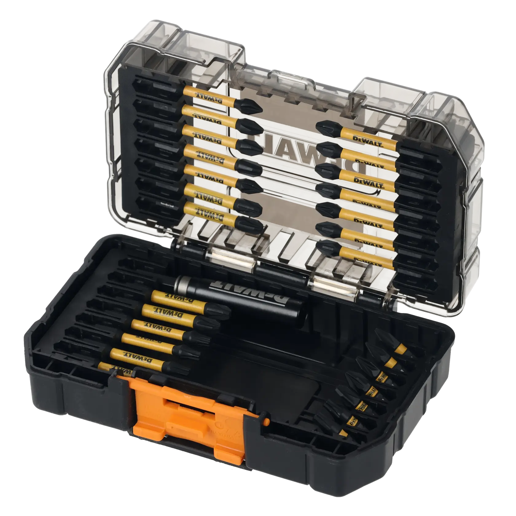 Grafik mit DEWALT XTREME Sub-Compact Series Branding und dem Slogan 'Kompakt und leistungsstark' auf gelbem Hintergrund.