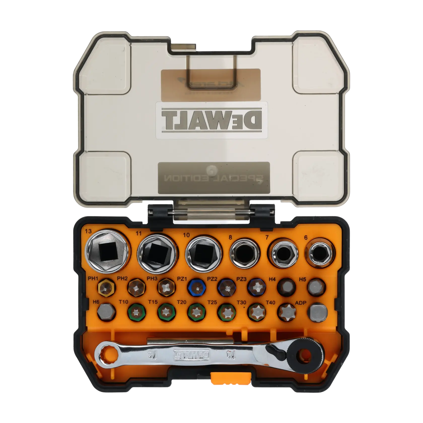 Juego compacto de puntas y vasos DEWALT con tapa transparente. Incluye varias puntas de destornillador, vasos y una pequeña