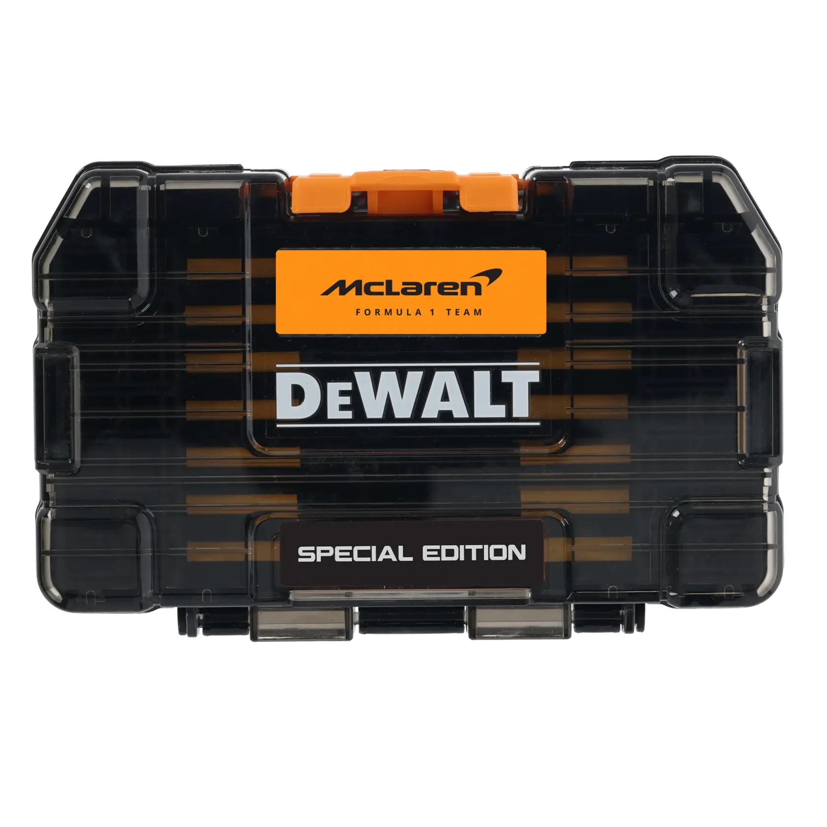 DEWALT Spezial-Edition Werkzeugkiste mit McLaren F1 Team Logo, schwarz mit orange.