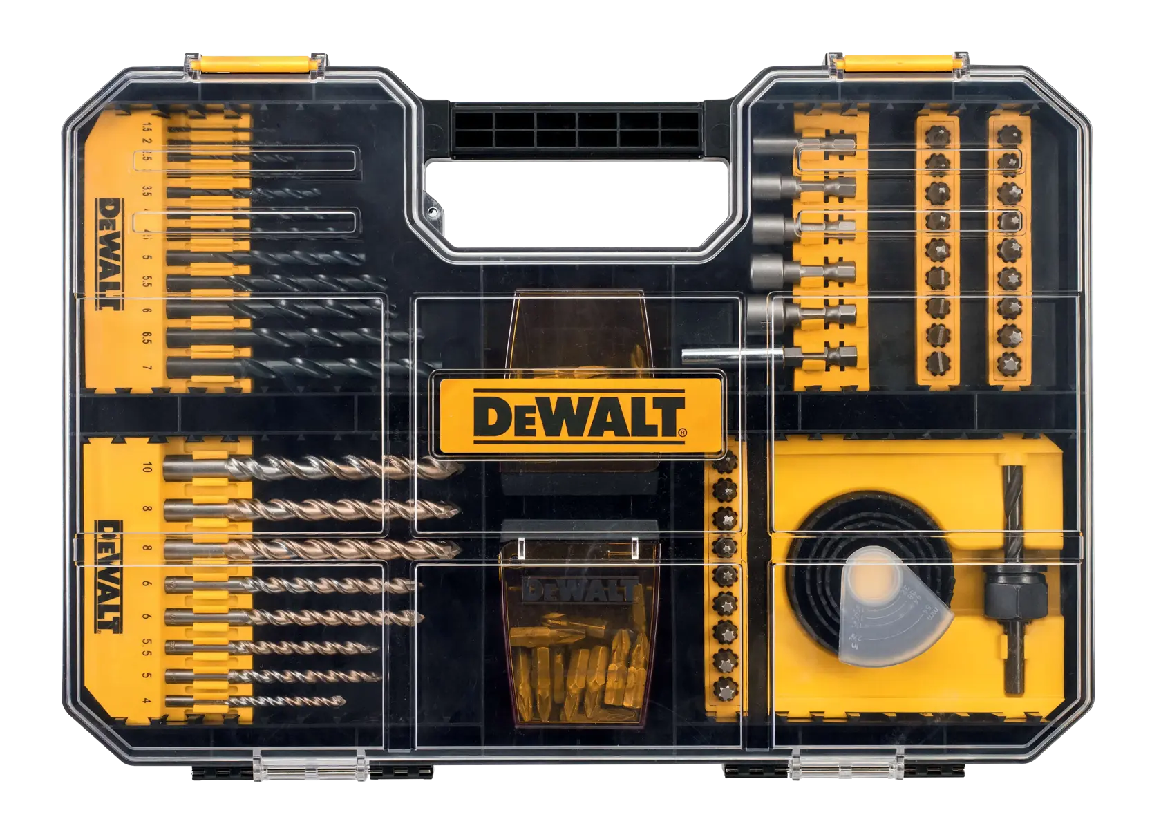 A DEWALT branded drill and screw bit set in a transparent plastic case, containing various drill bits, screwdriver bits, socket bits, and accessories organized in compartments.