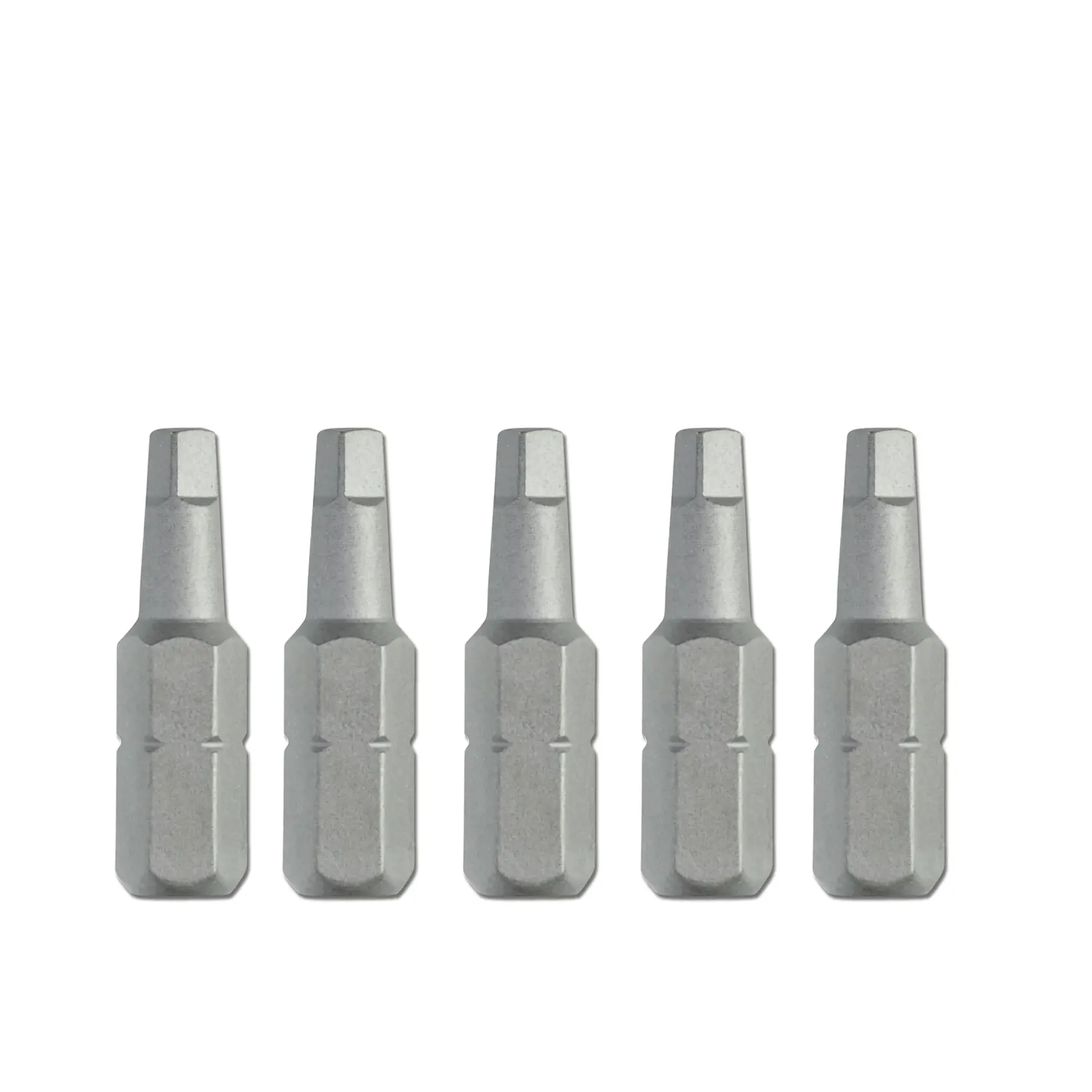 Five DEWALT hex screwdriver bits in a row, shown against a white background.
