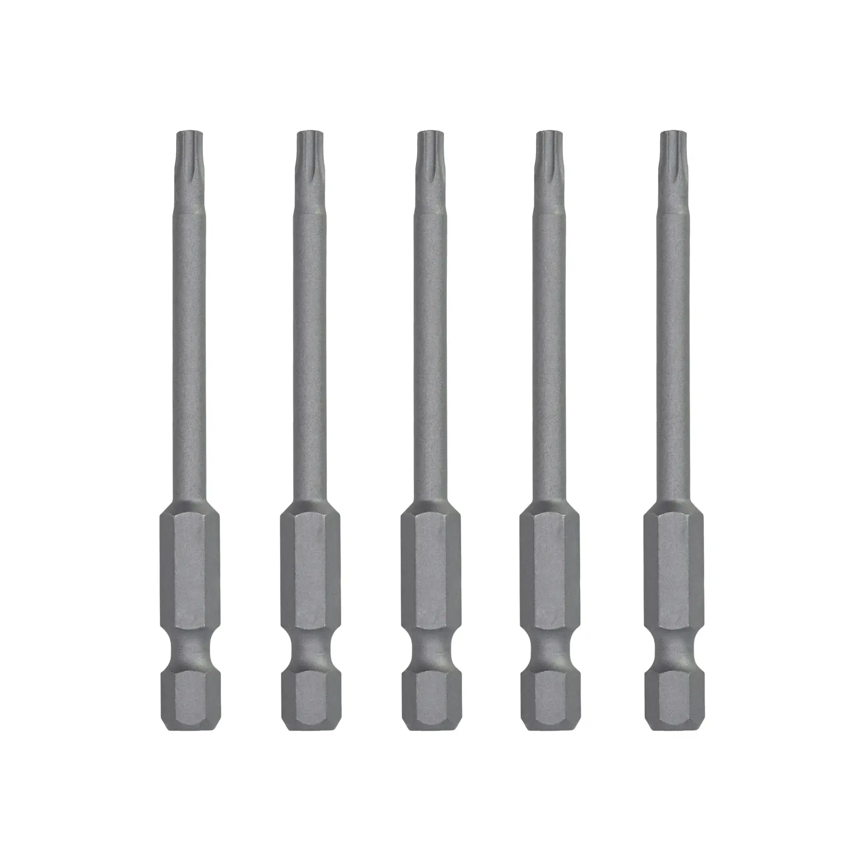 Fünf lange DEWALT DT7292 Torx Schrauberbits, stehend, mit grauem Metall-Finish.