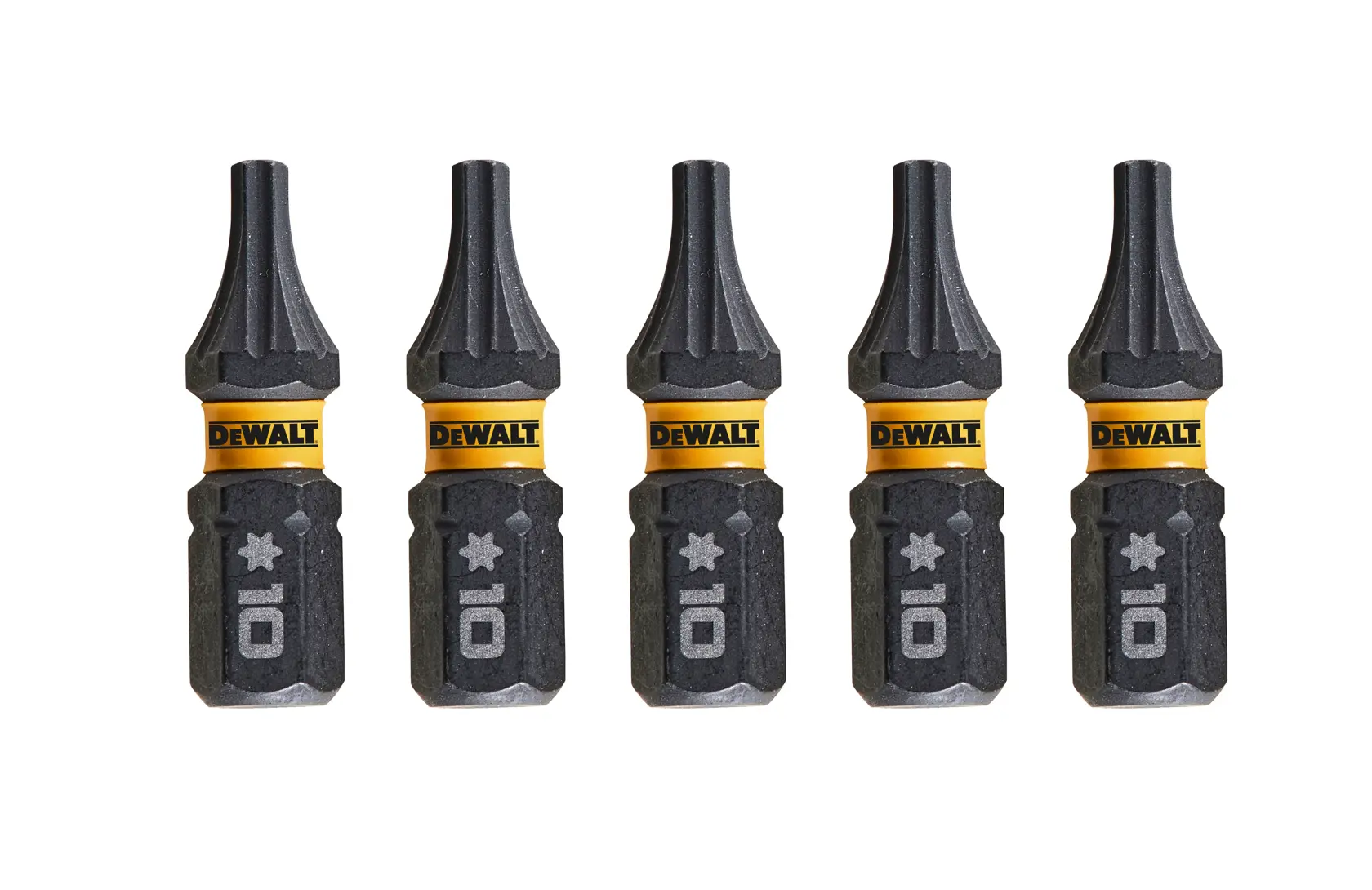 Cinco puntas de destornillador DEWALT DT7379T con punta estrella, alineadas sobre fondo blanco.