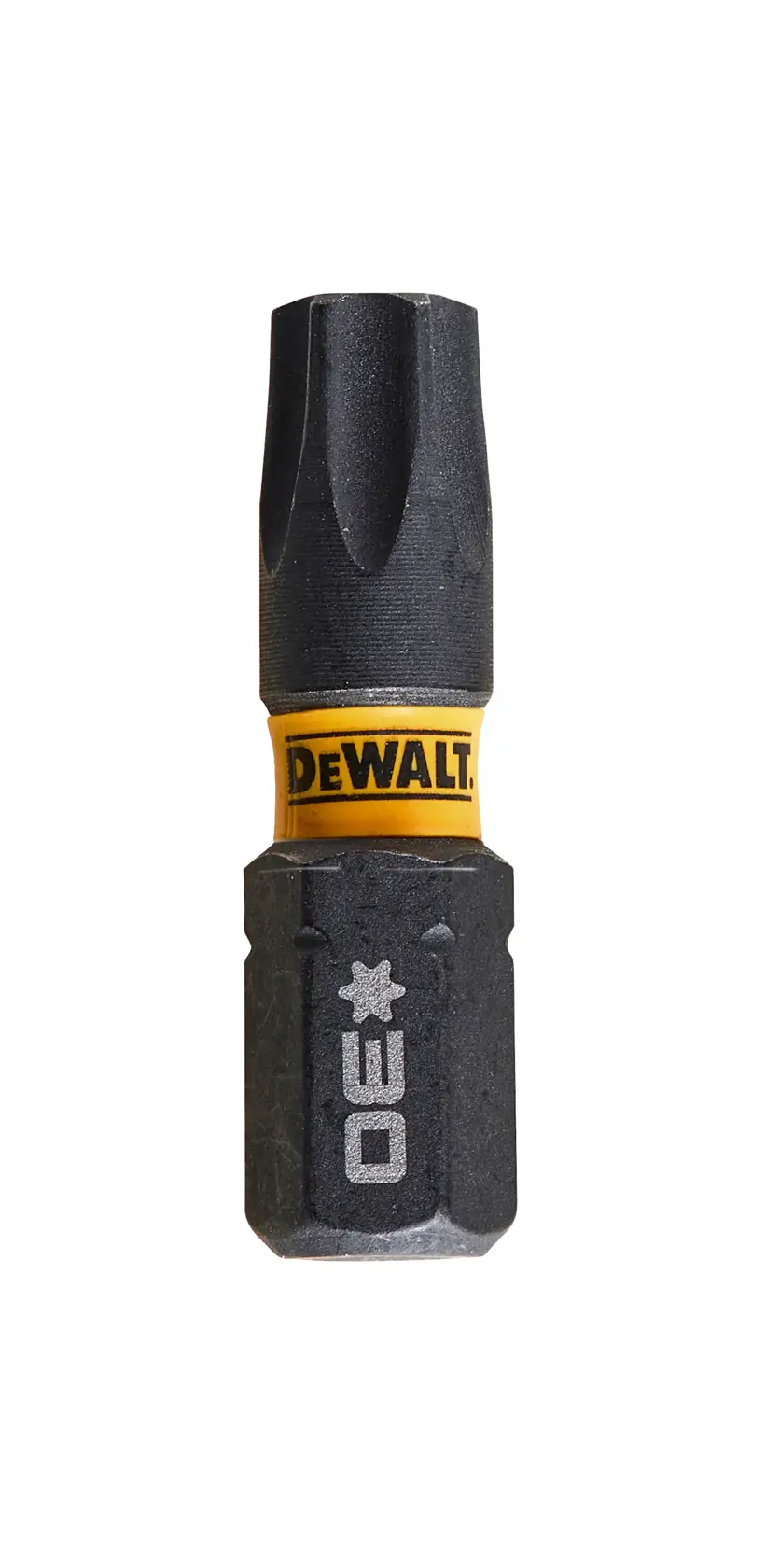 Punta de destornillador DEWALT DT7384T Torx TX30, negra y amarilla, en primer plano sobre fondo blanco.