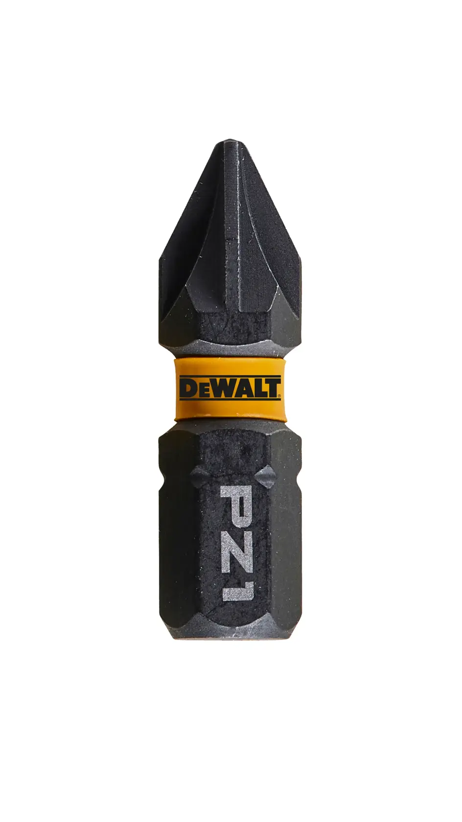 Punta de destornillador DEWALT PZ1 negra con anillo amarillo, presentada sobre fondo blanco.