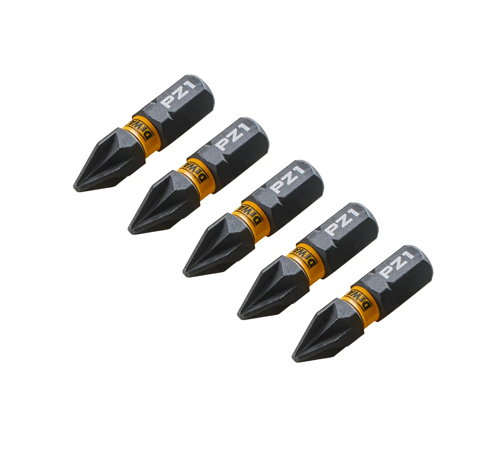 Cinco puntas de destornillador DEWALT PZ1 en fila sobre fondo blanco.