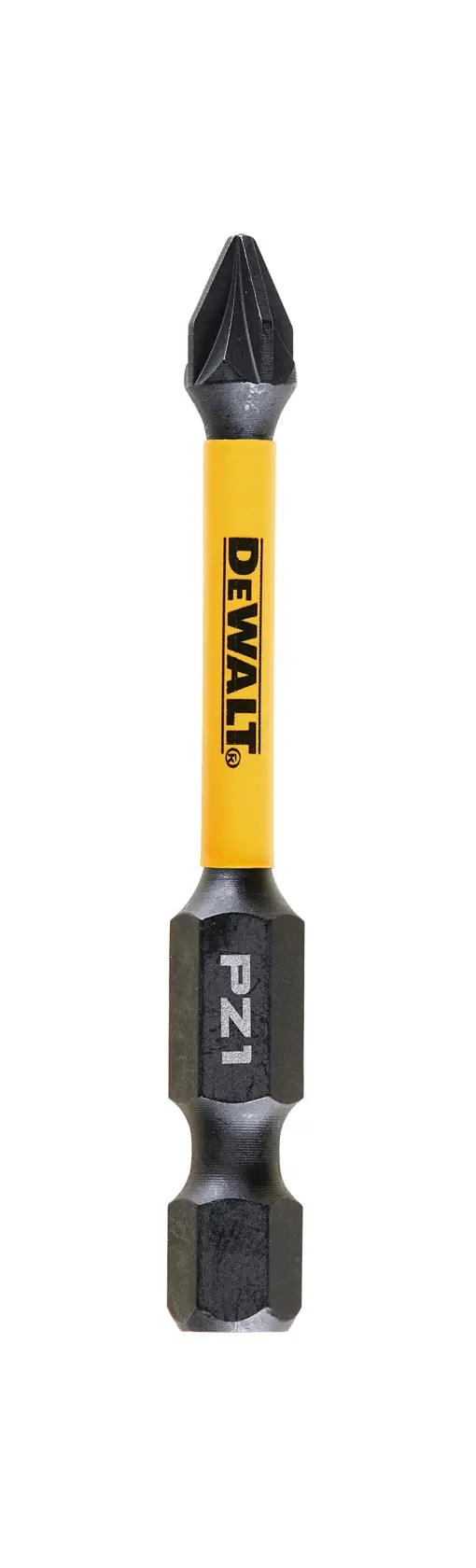 Punta de destornillador DEWALT PZ1 con eje amarillo y puntas negras para herramientas eléctricas.