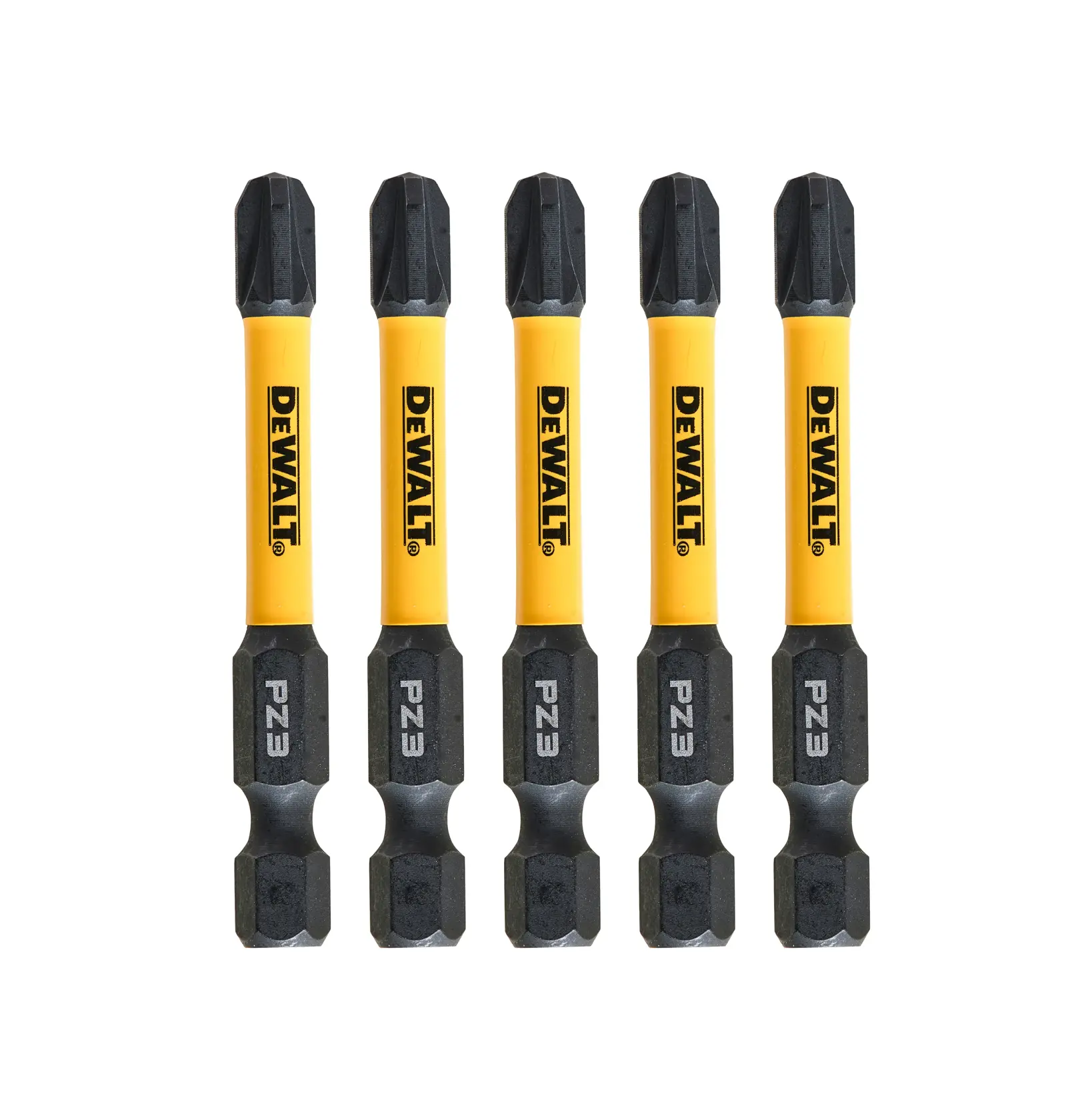 Juego de cinco puntas DEWALT PZ3 con cuerpo amarillo y punta negra, alineadas verticalmente en blanco.