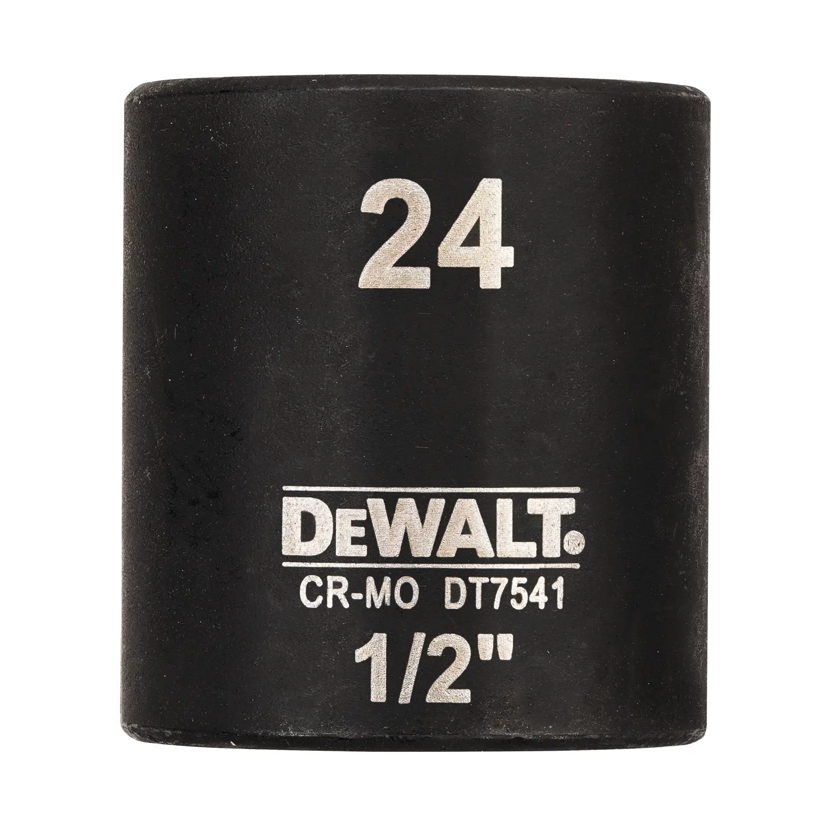 DEWALT DT7541 24mm 1/2 Zoll Schlag-Steckschlüssel, schwarzes zylindrisches Werkzeug mit Aufdruck.