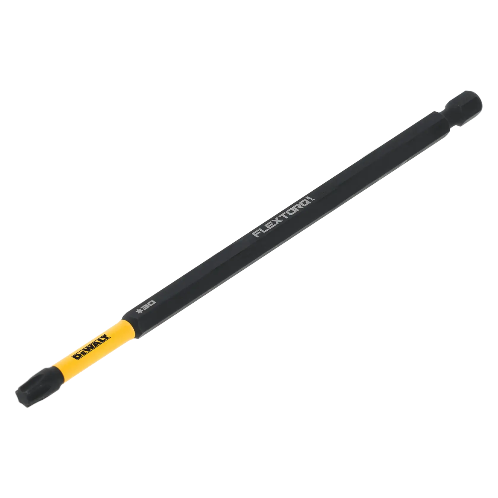 DEWALT FLEXTORQ schwarzer und gelber Schrauberbit für Elektrowerkzeuge, auf weißem Hintergrund.