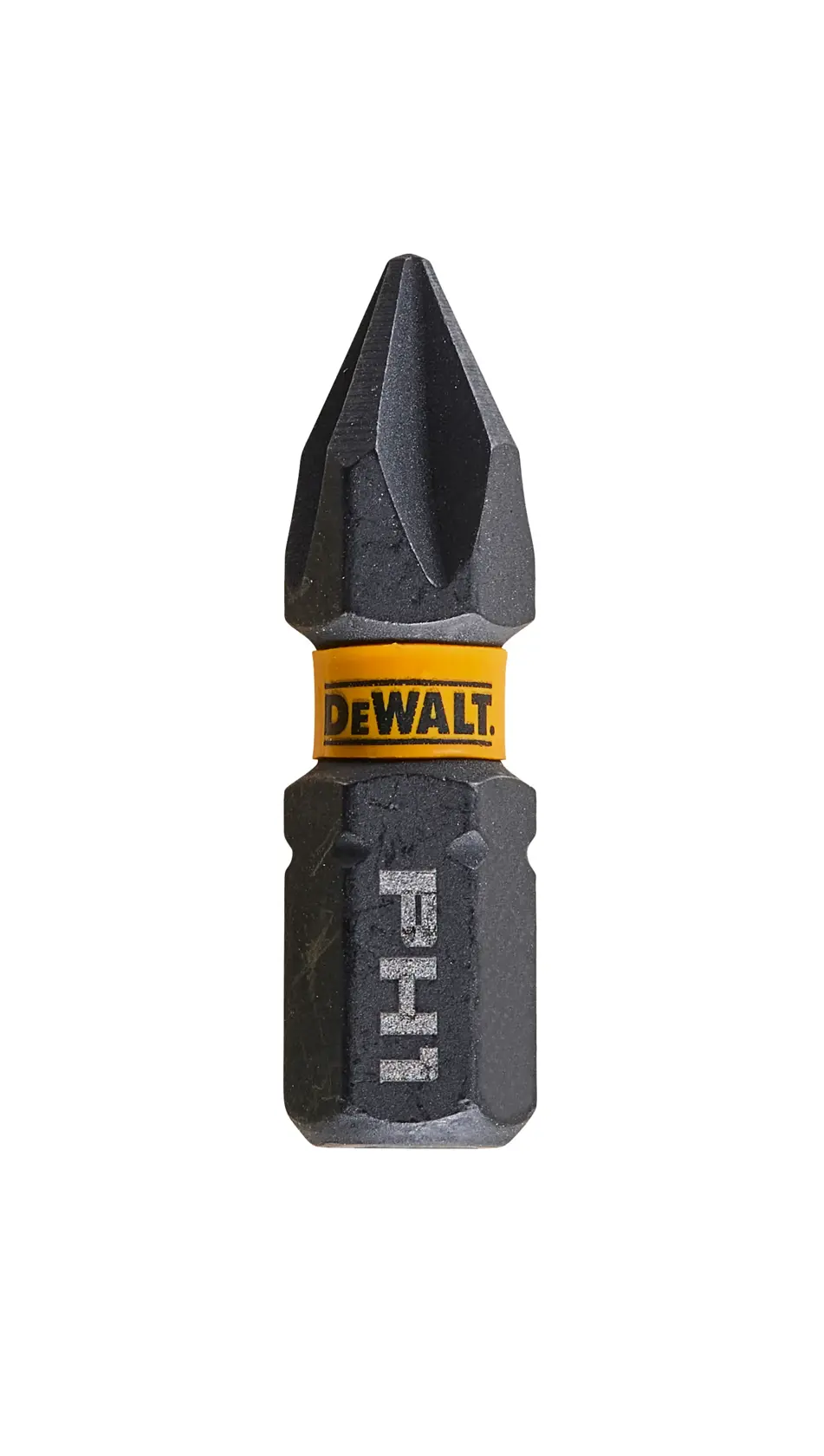 Punta de destornillador DEWALT PH1 con banda amarilla sobre fondo blanco.