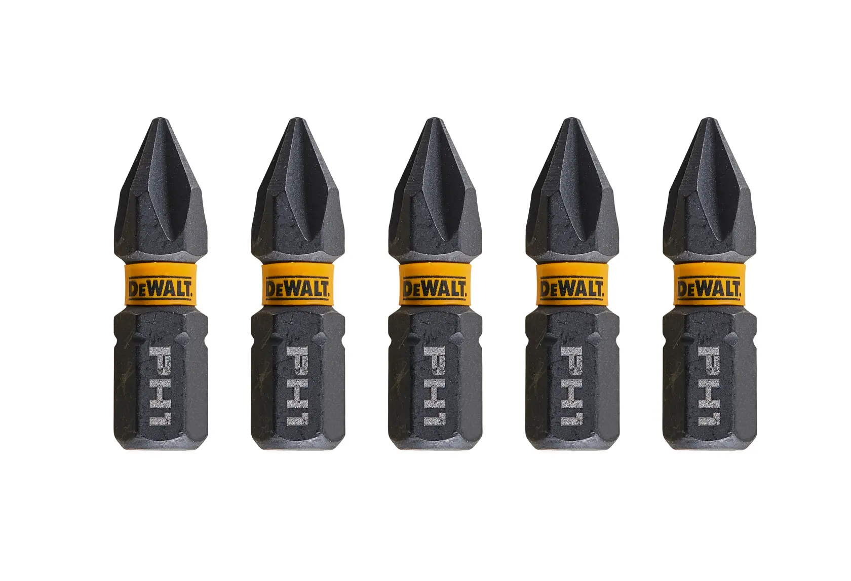 Cinco puntas de destornillador DEWALT PH1 negro y amarillo, alineadas sobre fondo blanco.