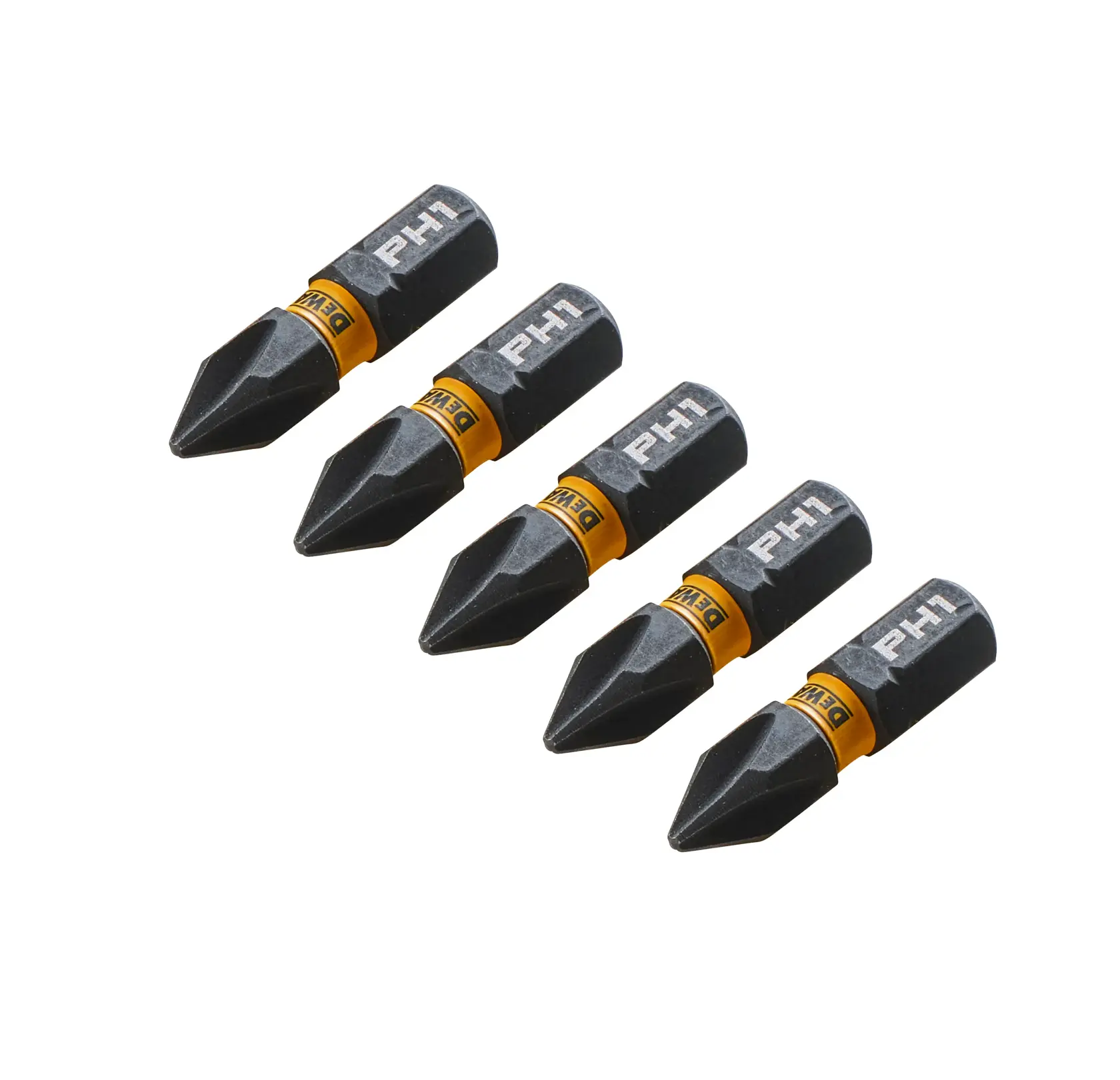 Cinco puntas de destornillador DEWALT PH1 negras y amarillas alineadas sobre fondo blanco.