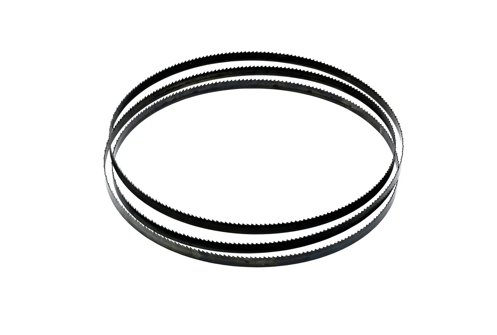 Hoja para sierra de banda de metal DEWALT DT8486 con dientes, enrollada en círculo sobre fondo blanco.