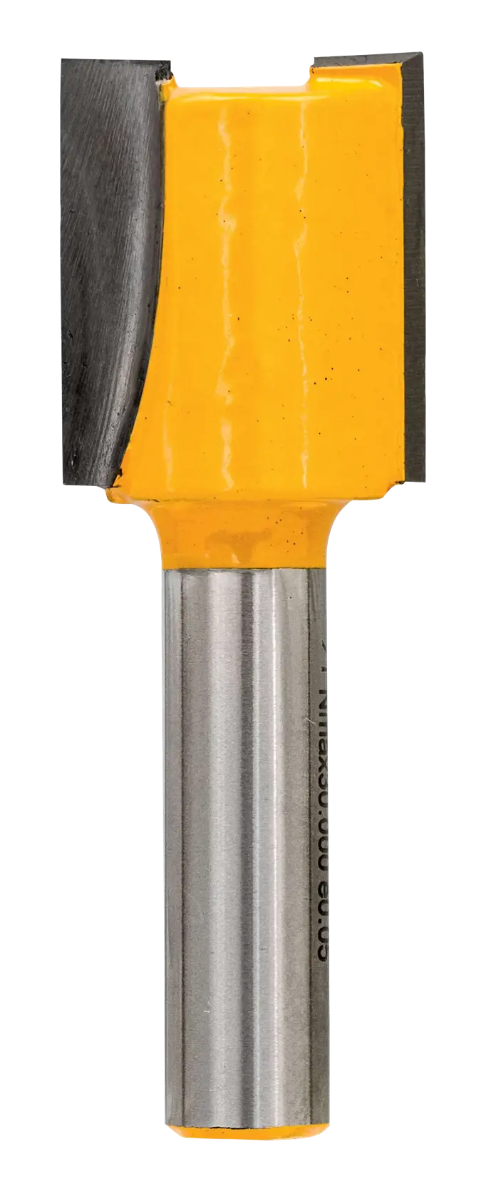 DEWALT DT90009 gerader Fräser mit gelber Beschichtung und Stahl-Schaft für Holzbearbeitung.