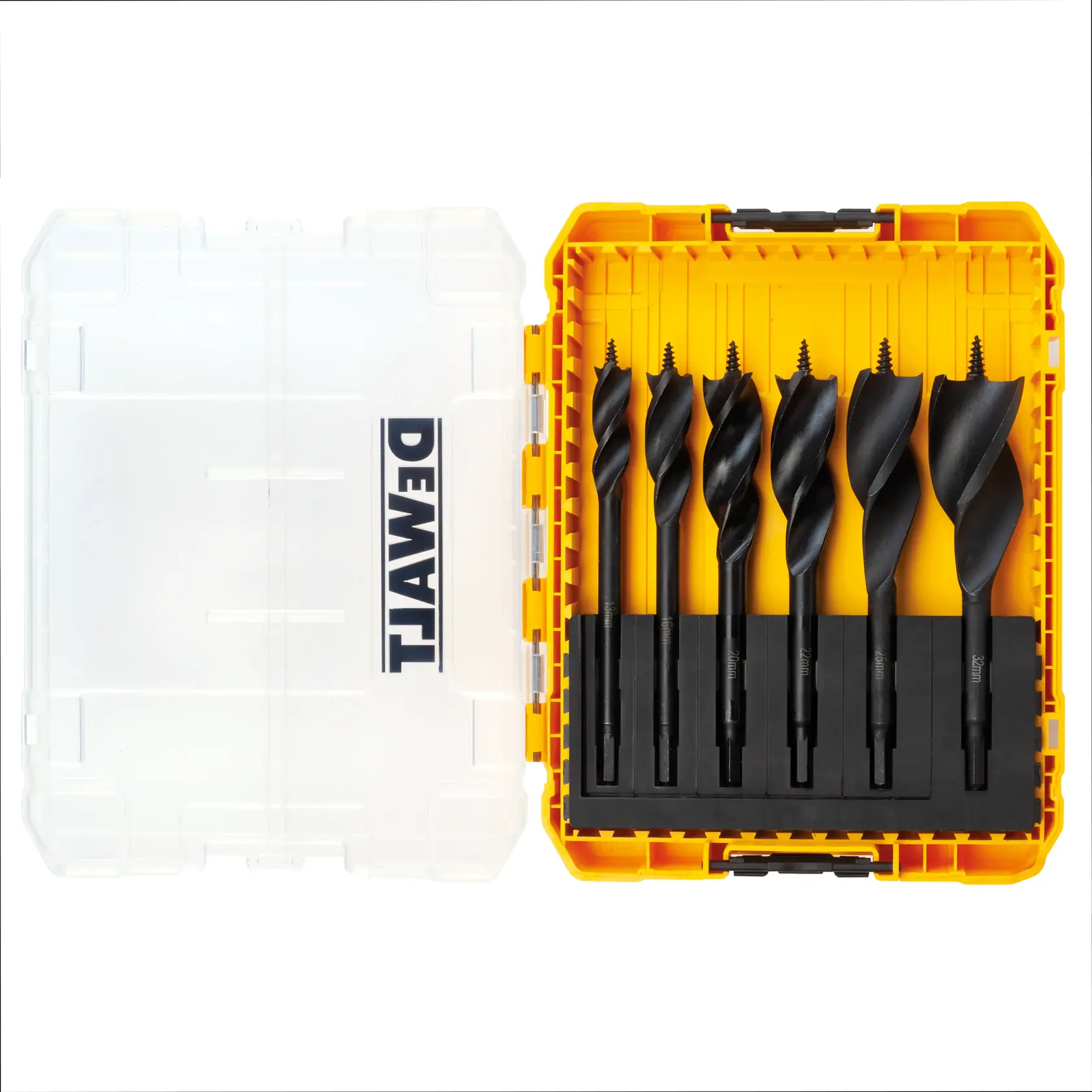 DEWALT-Bohrersatz in gelber und transparenter Box; sechs schwarze Spiralbohrer enthalten.